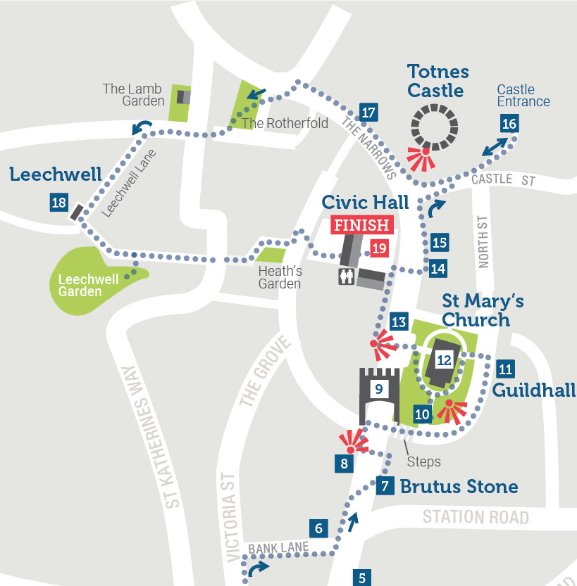 town trail map outlining a 60 minute Totnes Walk